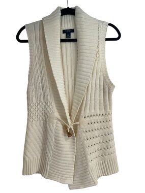 Chaps Cream Knit Shawl Collar Cottage Sleeveless Cardigan Vest w/Toggle Button-L